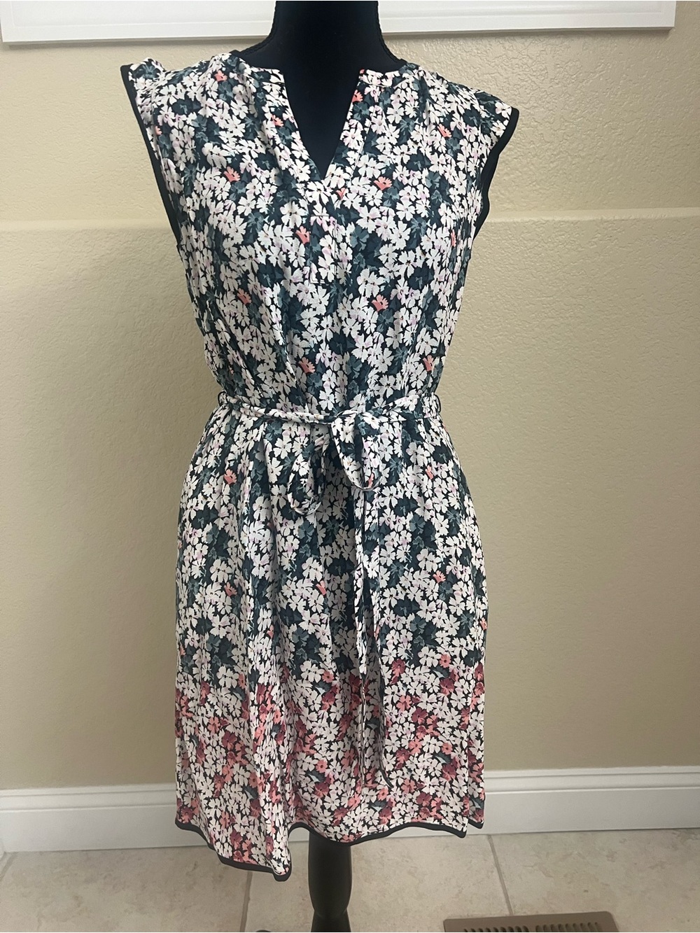 LOFT Navy Floral Midi Dress with Pink & White Accents